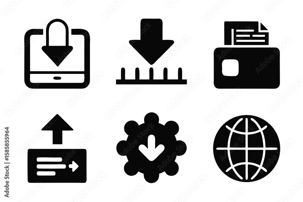 Poster set of black and white download and upload icons for mobile printer database settings and globe repr