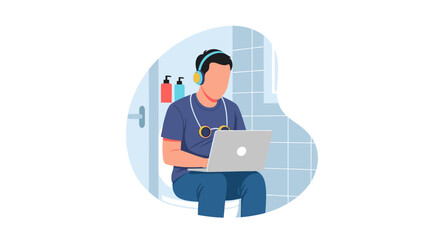 An illustration of a man sitting on a toilet while working on his laptop, wearing headphones, showcasing remote work and modern lifestyle.