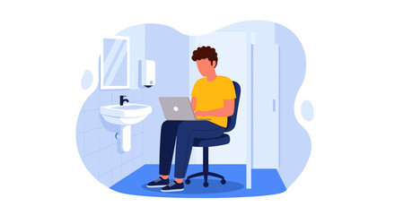 A young man sits in a restroom, working on his laptop, showcasing the modern reality of busy professionals who often multitask and work in unconventional spaces.