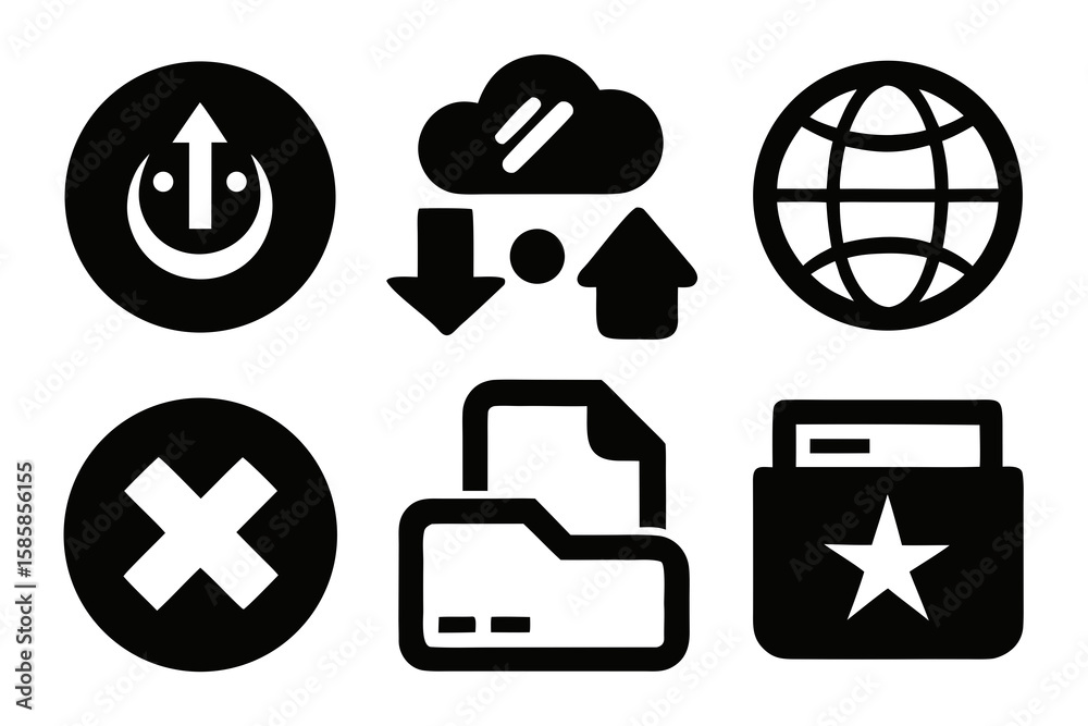 Poster Set of Black and White Vector Icons Representing Upload Cloud Globe Cancel Folder and Favorite Suitable for Web Design Mobile Apps and User Interface Elements
