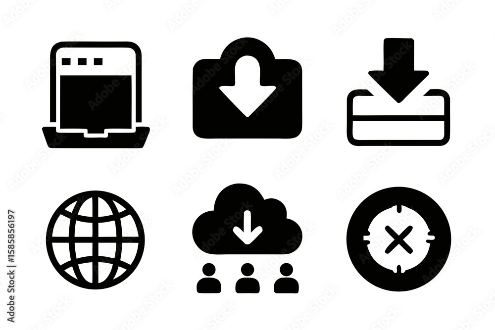 Poster collection of black and white icons representing various internet and technology concepts including 