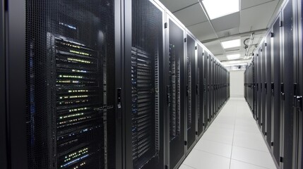 A large, empty server room with rows of black server racks and white tiled floors.