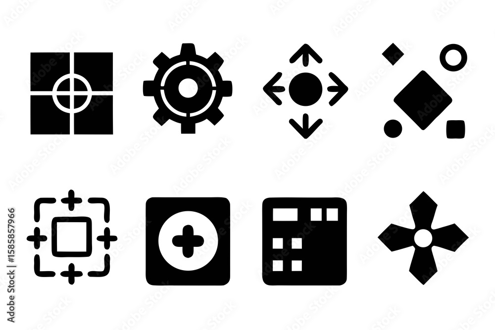 Poster collection of black and white interface icons including target settings arrows shapes crop add grid 