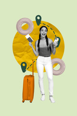 Zine pop image banner 3d photo collage of happy girl stand geolocation route icon hold valise...