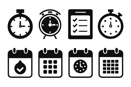 Icon set representing time management scheduling and productivity in a minimalist black and white design suitable for websites apps and presentations related to organization