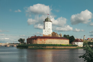 White Olaf's Tower in city Vyborg, Russia on sunny day