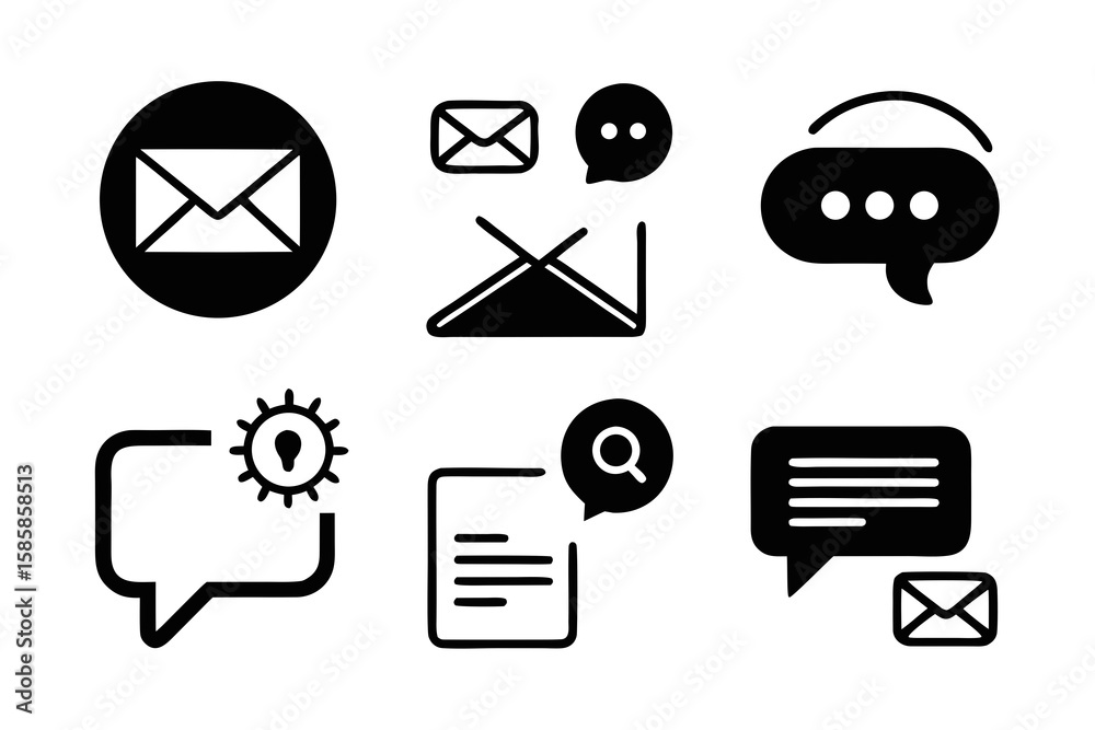Poster collection of black and white communication icons featuring mail chat bubbles search and idea genera