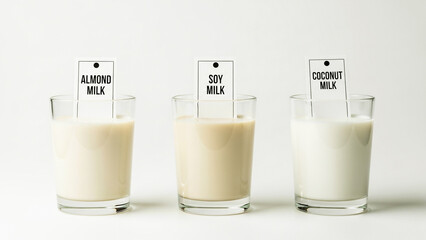 Dairy-free milk alternatives almond soy coconut – white background


