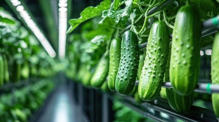 Cucumbers hanging in a vertical farm