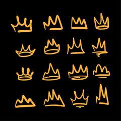 Set of Hand Drawn Crown Icons in Graffiti Style on Black Background