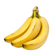 A bunch of four ripe, yellow bananas, slightly curved, with visible stems, clustered together against a black background