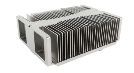 A modern heat sink with cooling fins, isolated on a black backdrop, is featured in this photo.