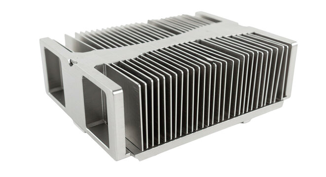 A modern heat sink with cooling fins, isolated on a black backdrop, is featured in this photo.