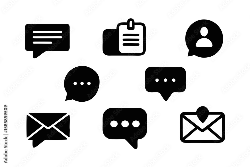Poster collection of communication icons in black and white featuring speech bubbles mail user profile and 