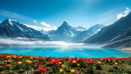 alpine lake, dramatic mountain landscape, stunning sunset, dense evergreen forest, colorful wildflowers, mist and fog