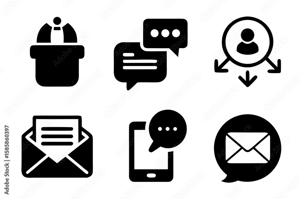 Poster set of communication and business icons in black silhouette including speech bubbles email phone and