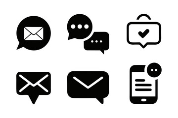 Set of communication icons including email chat bubbles notification and confirmation all in a simple black and white vector style for easy use in design