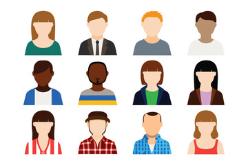 Diverse Avatar Set: Collection of sixteen diverse avatars representing various ethnicities, hairstyles and attire. Perfect for web design, app development, and social media.
