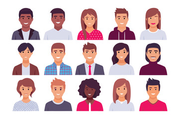 Diverse Faces Avatar Set: Collection of charming flat vector avatars, portraying various people with different skin tones and expressions, isolated for versatility.
