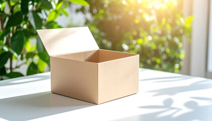 Empty cardboard box on a table with greenery and sunlight