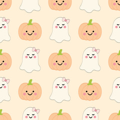 Cute ghosts with coquette bows and pumpkins seamless pattern for halloween