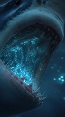 Obraz premium A great white shark's open mouth, detailed view, showcasing luminous particles.