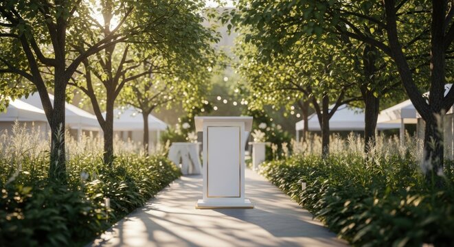 Elegant outdoor event pathway with a blank vertical display mockup, surrounded by lush green trees and festive lights in a park.