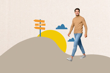 Composite artwork 3D photo collage trend template of leisure abroad travel trip summer young man walk smile route way pointer arrow show
