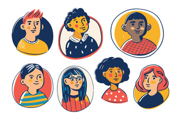 Diverse Portraits: A collection of six unique individuals, each rendered in a warm and inviting illustrative style, set against simple, circular backgrounds.