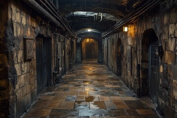 Dark underground stone corridor with dramatic lighting and arched walls

