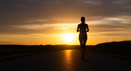 Fototapeta premium Woman's Silhouette Running Towards Sunset on Open Road, Fitness, Cardio
