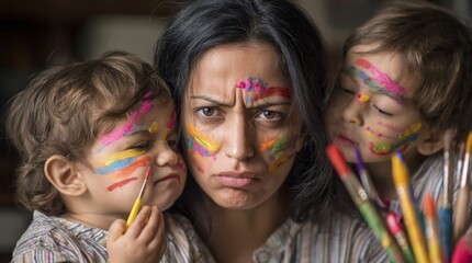 Messy Moments: A mother's exasperated expression amidst the playful chaos of art with her two toddlers, faces adorned with vibrant paint, in a chaotic art session.
