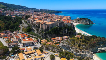 Aerial view of Tropea, a charming town perched on a cliff overlooking the Tyrrhenian Sea in...