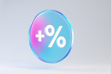 3d glass holographic falling circle sale tag or label with percent sign render. Rainbow crystal round shopping discount badge with pink blue gradient. Offer, price, bank interest rate
