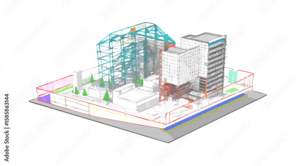 Fototapete architectural rendering of city buildings and construction site with detailed wireframe structures d