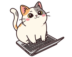 Cute kawaii calico cat sitting on a laptop keyboard. Funny work from home (WFH) and freelancer concept. Adorable vector cartoon character for stickers, blogs, and office humor. Isolated on white backg