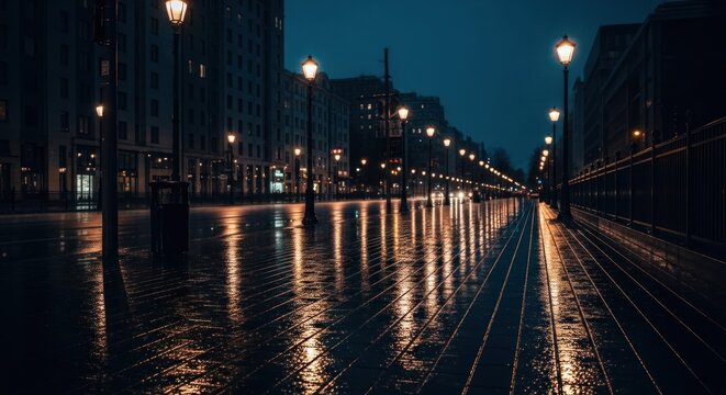 City Street at Night Reflections of Lights on Wet Pavement with Architectural Background and Cityscape