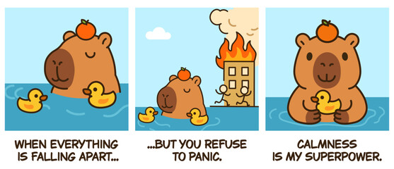 Funny comic strip about staying calm during a crisis, inspired by the "This is Fine" meme. A zen capybara demonstrates its superpower against stress and burnout. Perfect for office humor
