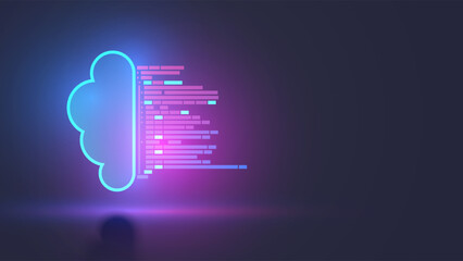 API concept. Cloud repository for team work of software development. Program text comes in the neon icon of digital cloud storage. Application Programming Interface. Shared access and Cloud computing.