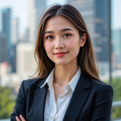 Naklejka premium Confident Asian Female Business Leader: Professional and Approachable Portrait with an Urban Background