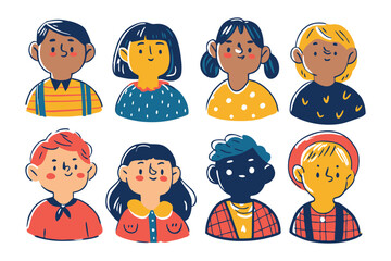 Diverse Youth: A collection of diverse cartoon portraits of young children, representing a spectrum of ethnicities and styles. The charming illustrations evoke a sense of innocence.