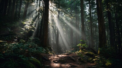 Fototapeta premium Sunlight beams through misty forest path