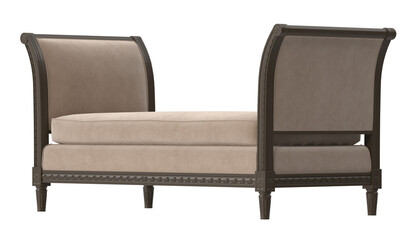 Classic dark wood upholstered bench, side perspective view, 3D render, isolated on transparent background.