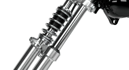 A detailed shot showcasing the front suspension system of a motorcycle, highlighting the shiny chrome finish.