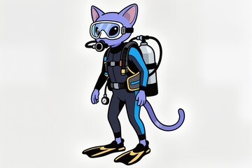 Scuba diver cat isolated on white vector illustration