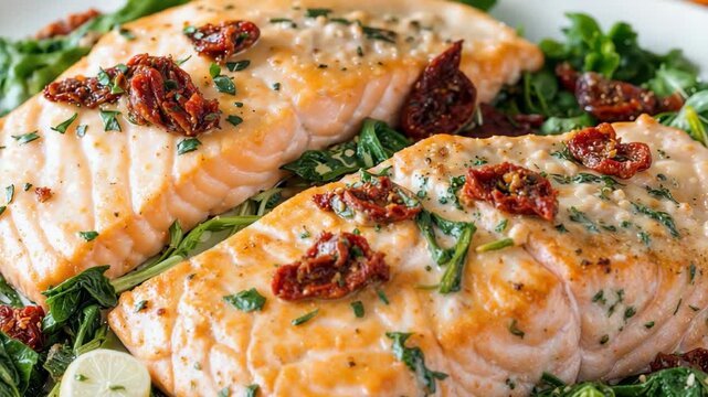 Delicious roasted salmon fillets with spinach, sundried tomatoes, artichoke hearts, and lemon.