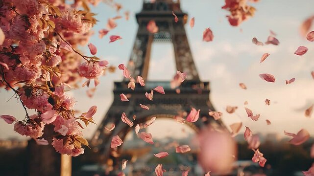 Cherry blossoms surround Eiffel Tower as petals dance in the breeze during sunset in Paris, creating a romantic atmosphere