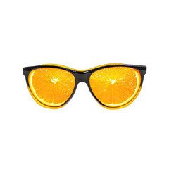 Black cat-eye sunglasses with vibrant orange slices replacing the lenses, creating a summery, playful effect