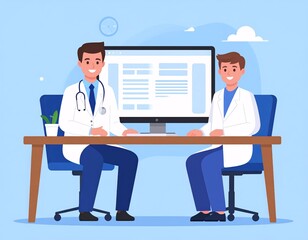 Obraz premium Smiling Doctors Collaborate at Desk, Modern Medical Consultation, Flat Design Illustration
