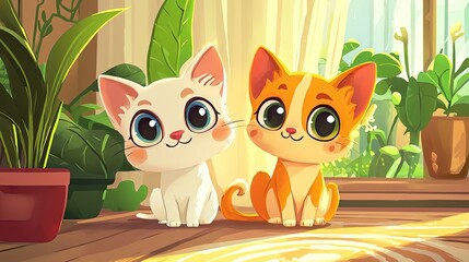 Two adorable cartoon cats on a sunny windowsill.